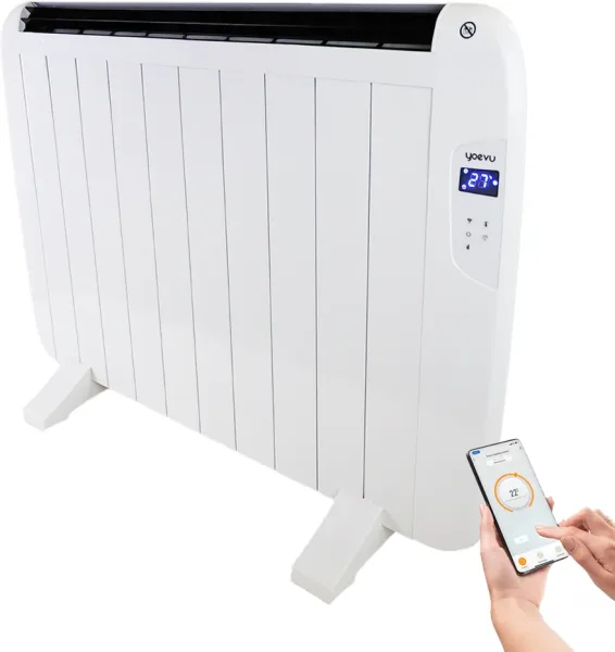 Yoevu -  radiador eléctrico bajo consumo - 10 elementos - 1500 w - temporizador - programable - mando a distancia - pantalla LCD - app control WiFi - compatible con alexa - apto pared o pie - aluminio - blanco