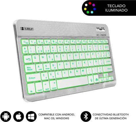 SUBBLIM Teclado Retroiluminado Bluetooth Smart Backlit BT Keyboard Silver
