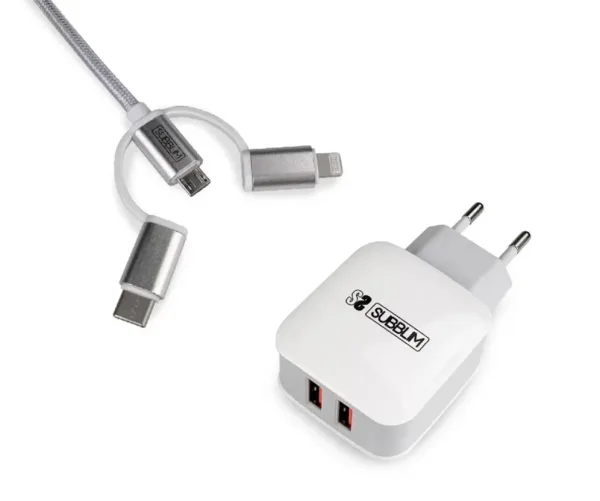 Cargador Pared Subblim Abs 2.4A con Cable 3In1 White