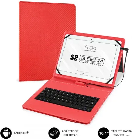 SUBBLIM Funda con Teclado Micro USB - USB C KEYTAB PRO USB 10,1" Red