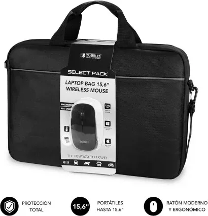 Maletín + Ratón Inalámbrico Subblim Select Pack para Portátiles hasta 15.6"/ Cinta para Trolley/ Negro