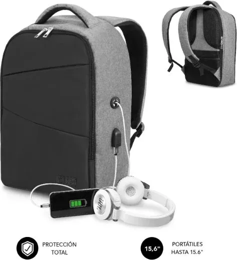 Mochila Subblim Secure V2 AP para Portátiles hasta 15.6"/ Puerto USB/ Antirrobo/ Gris