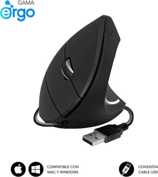 Ratón Vertical Subblim Glide Vertical Ergo Wired/ Hasta 1600 DPI/ Negro