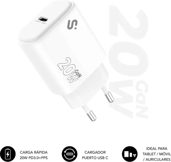 SUBBLIM Cargador USB-C GaN 20W , Power Delivery 3.0 & PPS, Enchufe Rápido para iPhone 16-12, iPad, Galaxy S24-S20, Pixel 9-6, Xiaomi, Ultraportátil, Seguro y Certificado