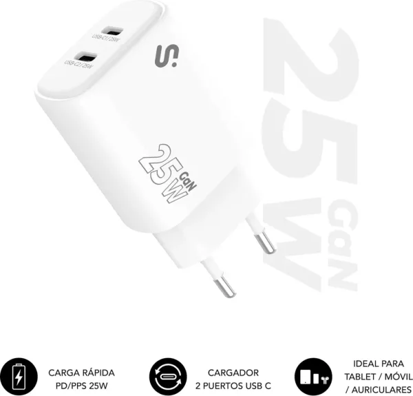 CARGADOR PARED/VIAJE 2x USB-C GaN 25W PD BLANCO SUBBLIM