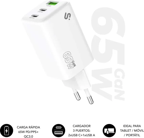Subblim Cargador Gan 65W Charger USB C+C+A