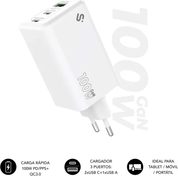 CARGADOR PARED/VIAJE 2xUSB-C + USB/A GaN 100W PD BLANCO SUBBLIM