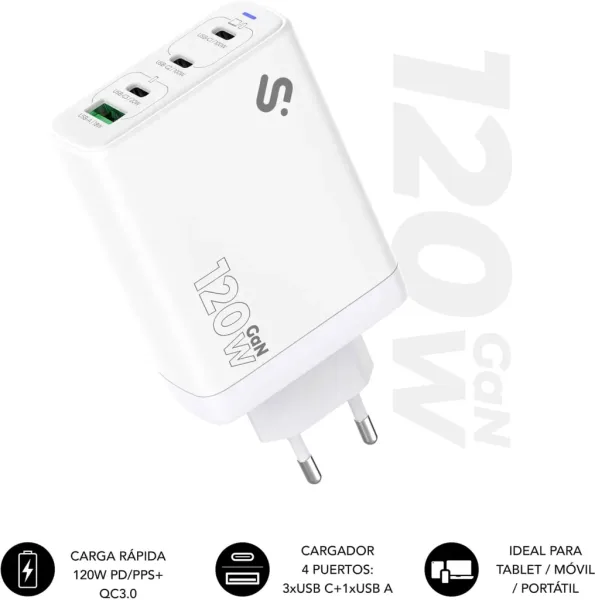 CARGADOR PARED/VIAJE 3xUSB-C + USB/A GaN 120W PD BLANCO SUBBLIM