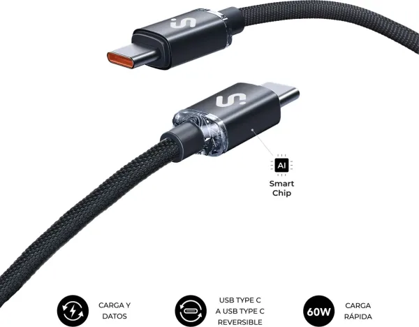 Cable Optimus 60W USB-C/USB-C 1 M Negro Subblim