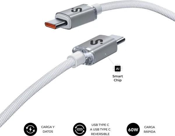 Cable Optimus 60W USB-C/USB-C 2 M Blanco Subblim