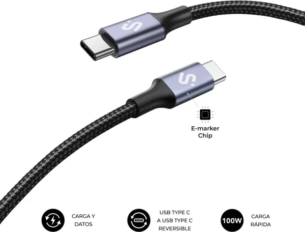 Cable USB 2.0 Tipo-C Subblim Plus/ USB Tipo-C Macho - USB Tipo-C Macho/ Hasta 100W/ 480Mbps/ 2m/ Negro