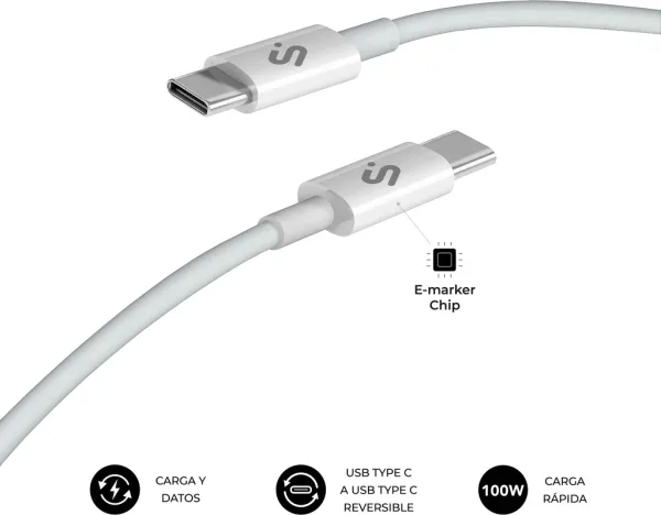 Cable Plus 100W USB-C/USB-C 2 M Blanco Subblim