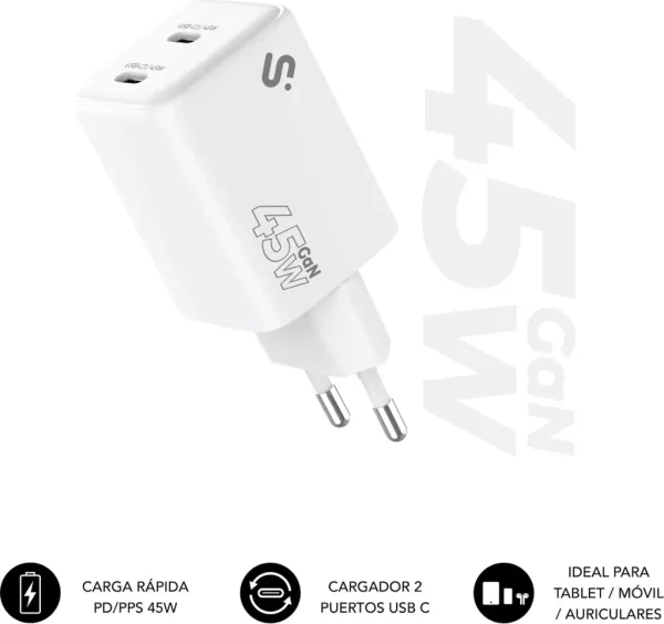 CARGADOR PARED/VIAJE 2xUSB-C GaN 45W PD BLANCO SUBBLIM