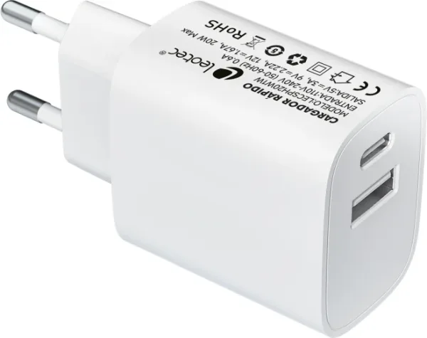 Cargador carga rapida 20w leotec 1 USB tipo - c pd 1 USB - a blanco