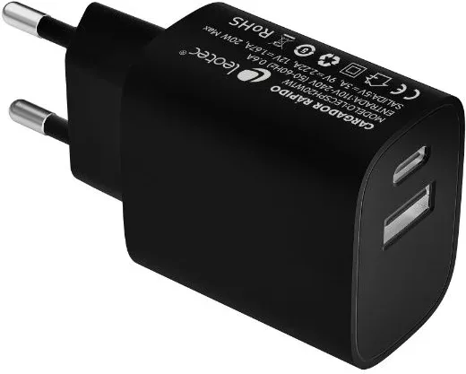 Leotec Cargador 20W Carga Rapida 1 USB Tipo-C Pd 1 USB-A Negro
