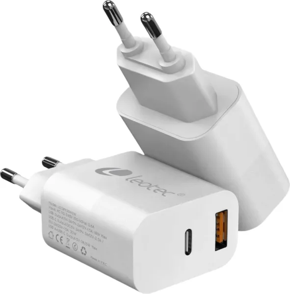 Cargador de Pared Leotec LECSPH20W2W2/ 1xUSB Tipo-C/ 1xUSB/ 20W