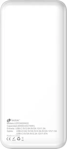 Leotec Powerbank 20000Mah 22,5W Pd20W Blan (1 USB-C+2Usb-A Inc USB-A a USB-C)