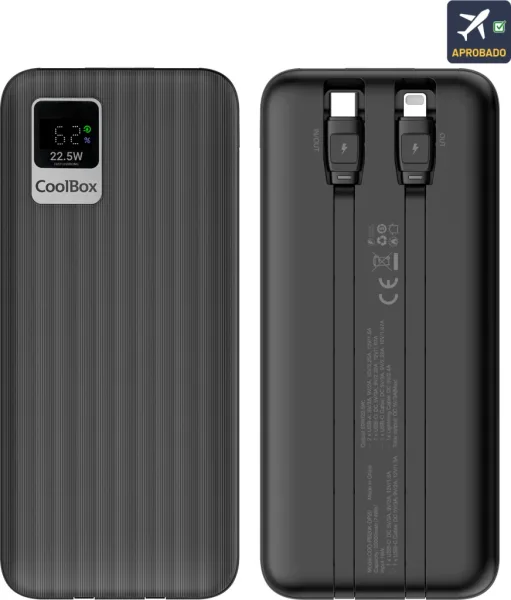 POWER BANK 20000mAh 20W + CABLES INTEGRADOS USB-C/LIGHTING NEGRO COOLBOX