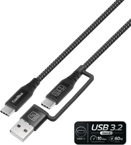 CABLE TRENZADO USB-C + A/ USB-C 3.2 Gen2 + CARGA RAPIDA 60W 1.8 M NEGRO COOLBOX
