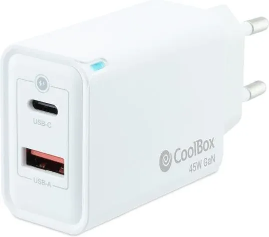 CARGADOR PARED/VIAJE 3.0 GaN USB-C/PD + USB-A 45W BLANCO COOLBOX