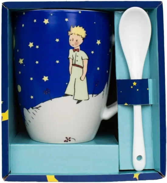 Taza con cuchara enesco el principito bajo el cielo estrellado