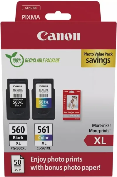 Cartucho de Tinta Original Canon PG-560XL + CL-561XL Multipack Alta Capacidad/ Negro/ Tricolor + Papel Fotográfico