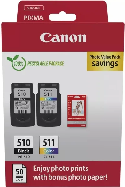 Cartucho de Tinta Original Canon PG-510 + CL-511 Multipack/ Negro/ Tricolor + Papel Fotográfico