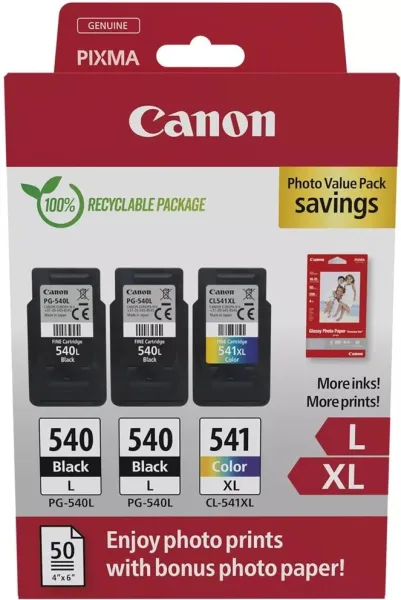 Cartucho de Tinta Original Canon PG-540L + CL-541 XL Multipack Alta Capacidad/ 2x Negro/ Tricolor + Papel Fotográfico