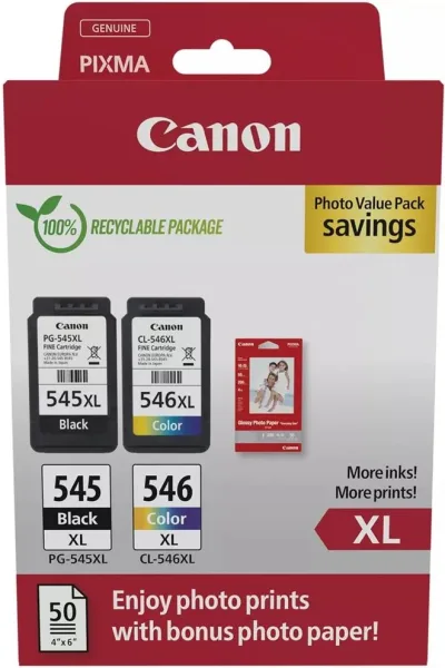 Cartucho de Tinta Original Canon PG-545XL + CL546XL Multipack Alta Capacidad/ Negro/ Tricolor + Papel Fotográfico