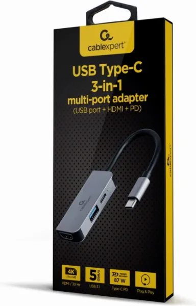 Adaptador Multipuerto USB Tipo C 3 en 1 Puerto USB HDMI Pd Plata