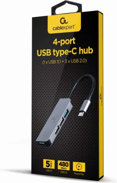 Hub USB Gembird Tipo C de 4 Puertos 1 X USB 3.1 y 3 X USB 2.0