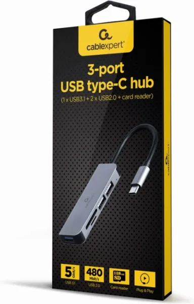 Hub USB Tipo-C de 3 Puertos USB 3.1 y USB 2.0 con Lector de Tarjetas