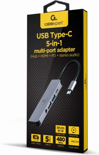 Adaptador Multipuerto Gembird USB Tipo C 5 en 1 Hub HDMI Pd Audio Estero