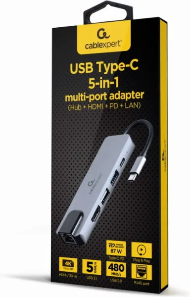 Adaptador Multipuerto USB Tipo C 5 en 1 Hub HDMI Pd Lan