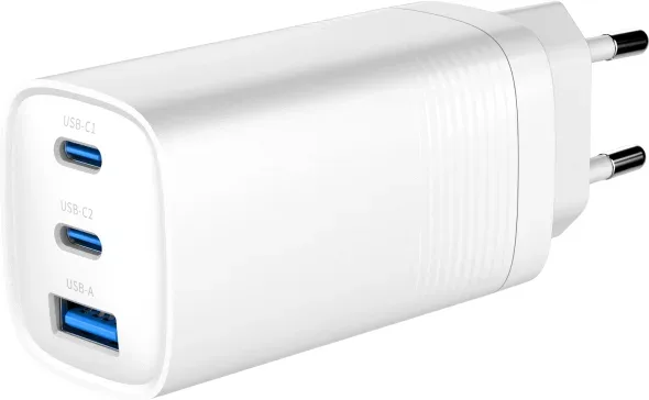 Cargador Rapido USB Gembird Power Delivery Gan de 3 Puertos y 65 W, Blanco