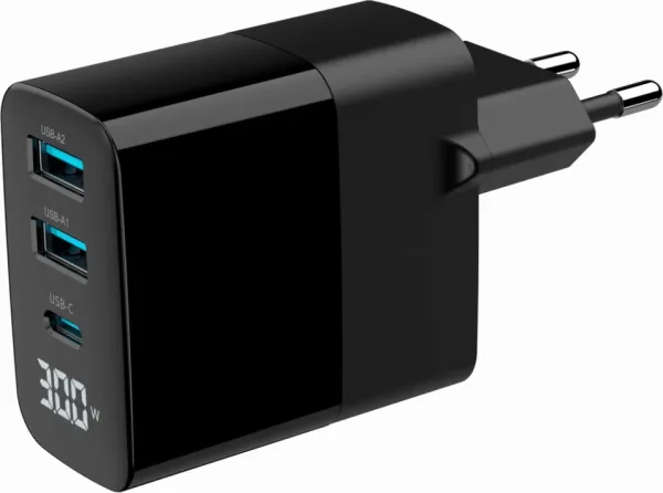 Cargador Rapido USB Gembird Gan de 3 Puertos y 30 W, LCD, Negro