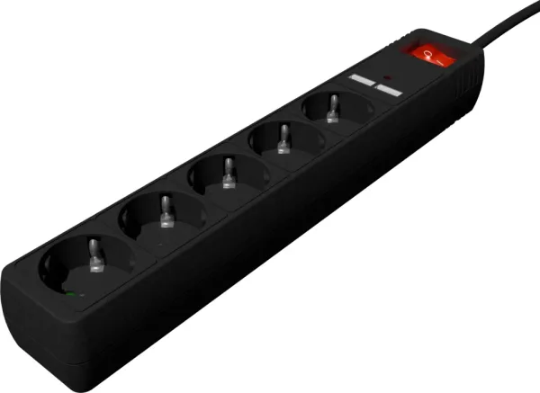 Regleta con Cargador USB, 5 Enchufes, 1.5 M, USB 2A, Color Negro