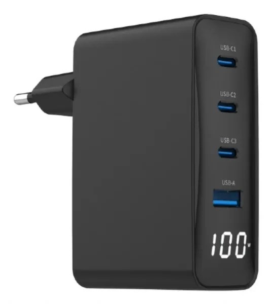 Cargador Rapido Gembird USB Gan de 4 Puertos 100 W LCD Negro