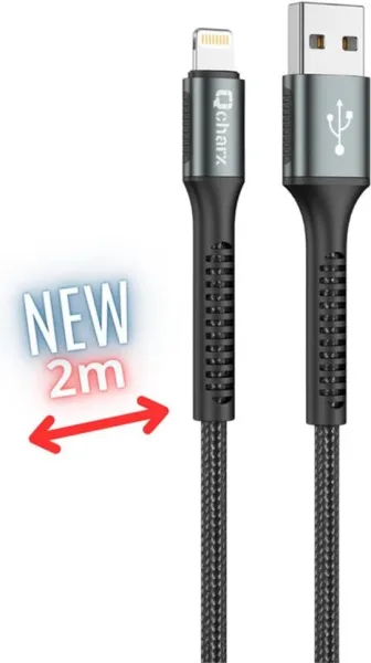 Cable qcharx prague lightning USB tipo a - 2m - aleacion de aluminio negro cordon de tela suave