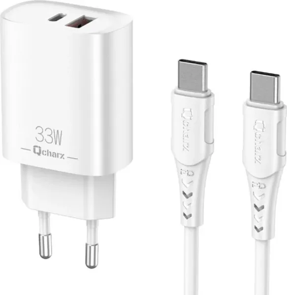 Cargador qcharx eros 3a 33w 1 x USB tipo a - 1 x USB tipo c blanco + cable USB tipo c