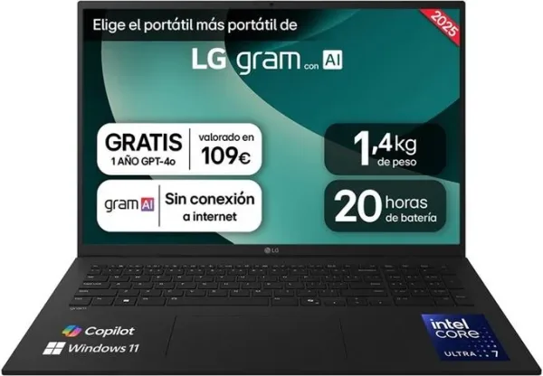Portátil LG Gram 17Z90T-G.AD88B Intel Core Ultra 7-255H/ 32GB/ 1TB SSD/ 17.3"/ Win11