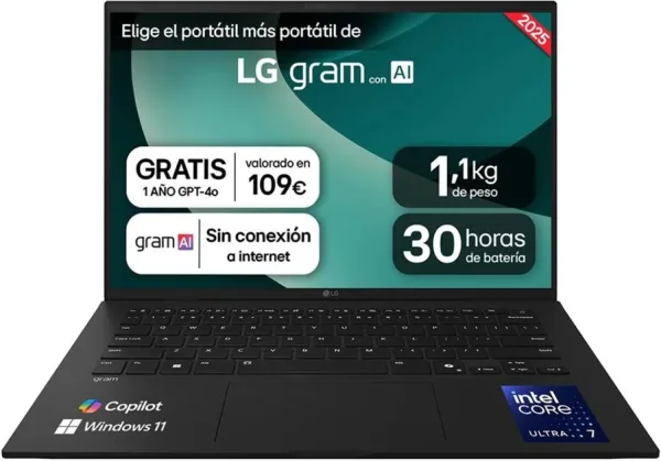Portátil LG Gram 14Z90T-G.AD88B Intel Core Ultra 7-255H/ 32GB/ 1TB SSD/ 14"/ Win11