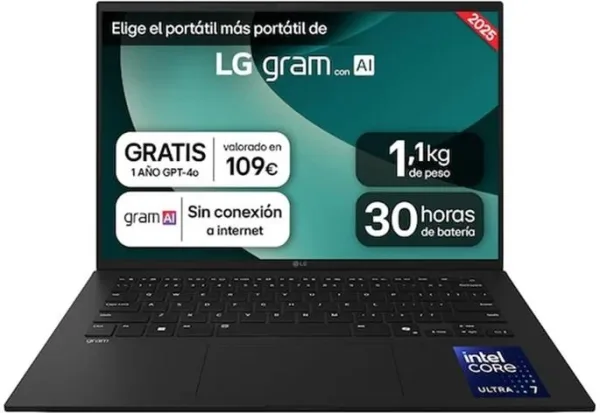 Portátil LG Gram 14Z90T-G.AD8BB Intel Core Ultra 7-255H/ 32GB/ 2TB SSD/ 14"/ Win11