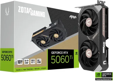 VGA Zotac RTX 5060 Ti 16GB Amp,Nv,Rtx5060Ti,16GB,Gddr7,128Bit,1Hdmi+3Dp,2 Ventiladores (Zt-B50620F-10M)