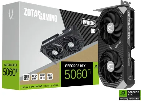 VGA Zotac RTX 5060 Ti 8GB Twin Edge Oc,Nv,Rtx5060Ti,8GB,Gddr7,128Bit,1Hdmi+3Dp,2 Ventiladores (Zt-B50610H-10M)