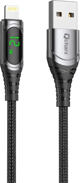 Cable qcharx formentera USB a a lightning 3a - 1 m - aleación aluminio negro cable suave digital display