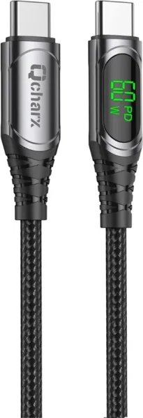 Cable qcharx ibiza tipo c a tipo c 3a 60w - 1 m - aleación aluminio negro cable suave digital display