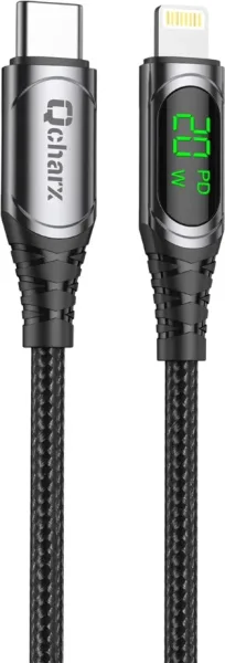 Cable qcharx mallorca tipo c a lightning 3a 20w - 1 m - aleación aluminio negro  cable tela digital display
