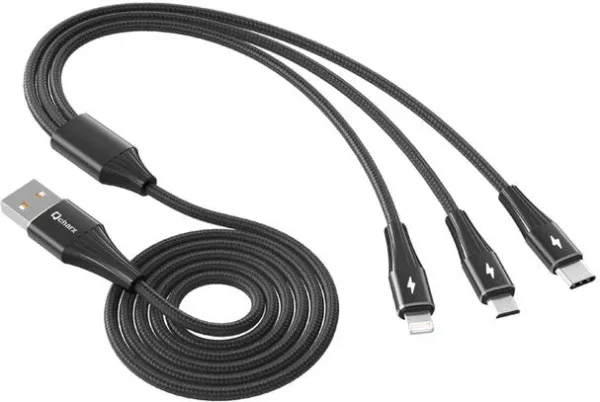 Cable triple qcharx napoli USB a lightning + tipo c + micro  3a - 1.2 m - aleación de aluminio negro cordon suave